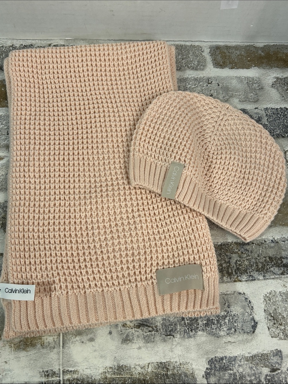 Calvin Klein Pink Knit Beanie and Scarf Set